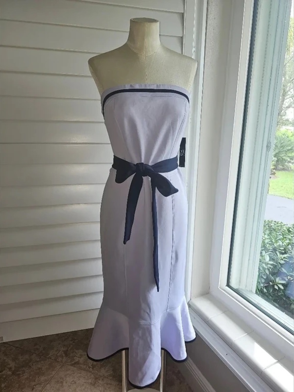 Strapless White Mini Dress with Navy Trim and Tie Waist
